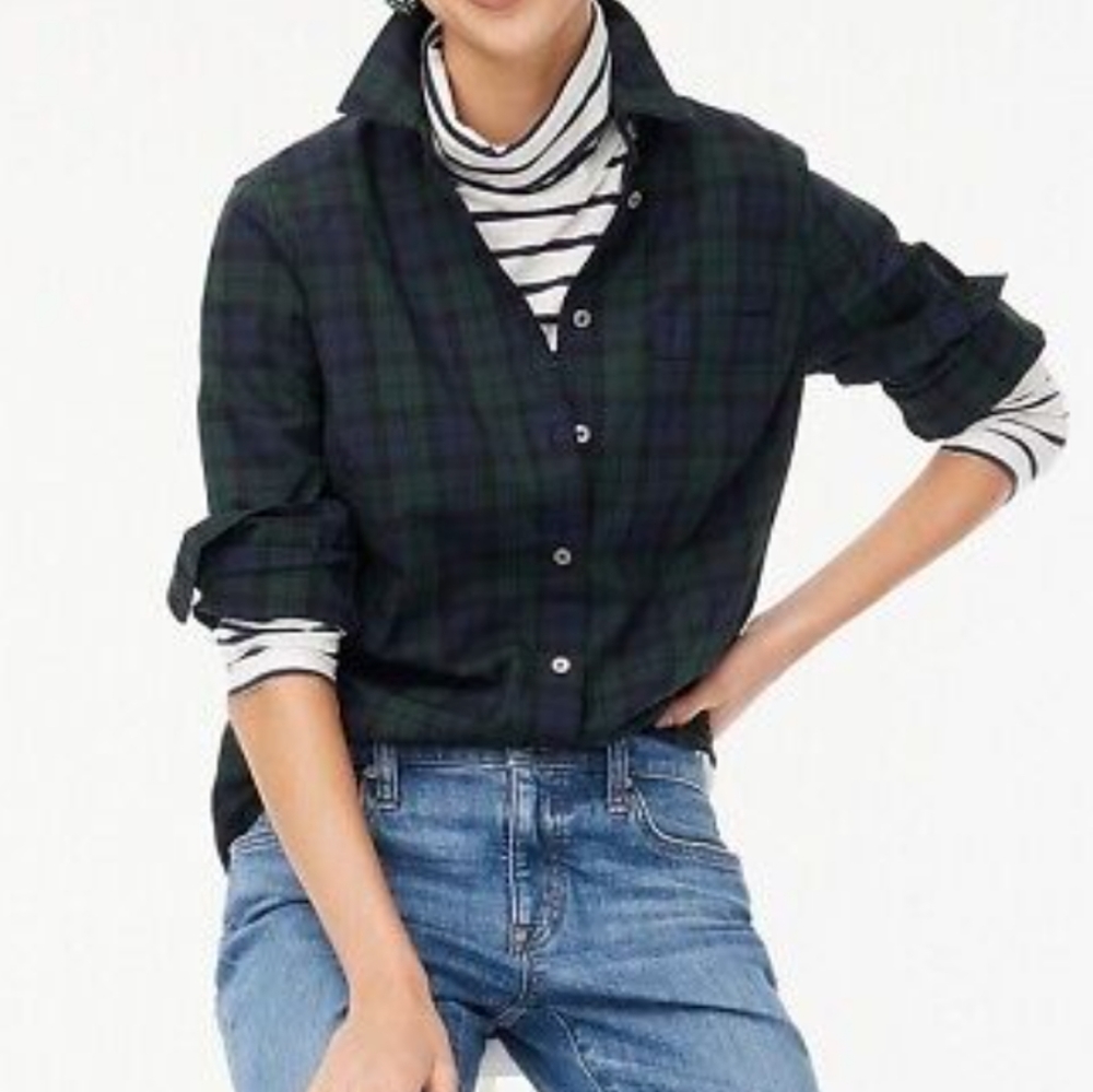 J. Crew Women' Boy Fit Navy Blue & Green Plaid  Long Sleeve Button Down Shirt XS - Picture 3 of 9